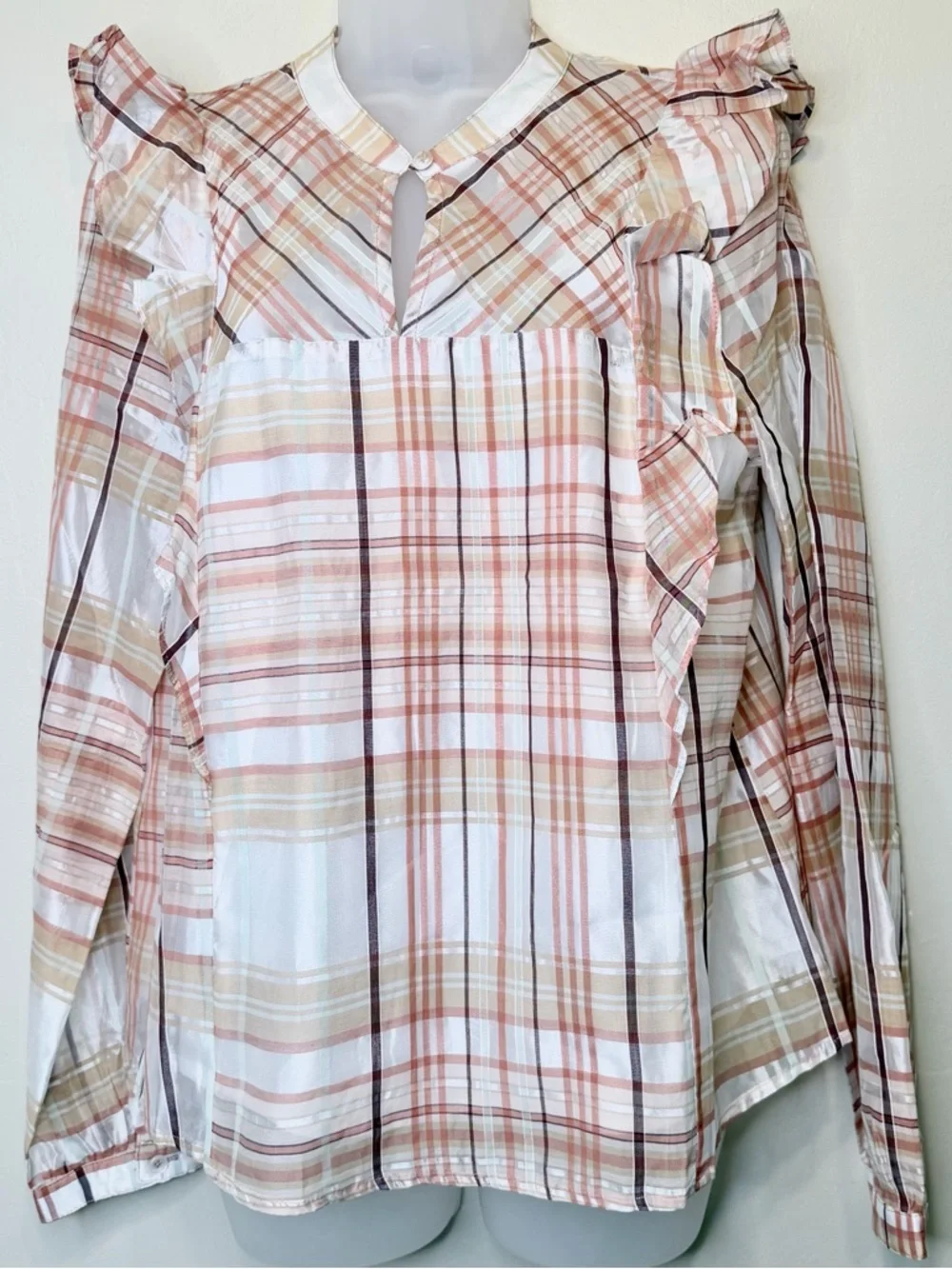Current Air | Anthro NWT Polly Plaid Ruffle Shoulder Long Sleeve Peasant Blouse - Picture 5 of 15